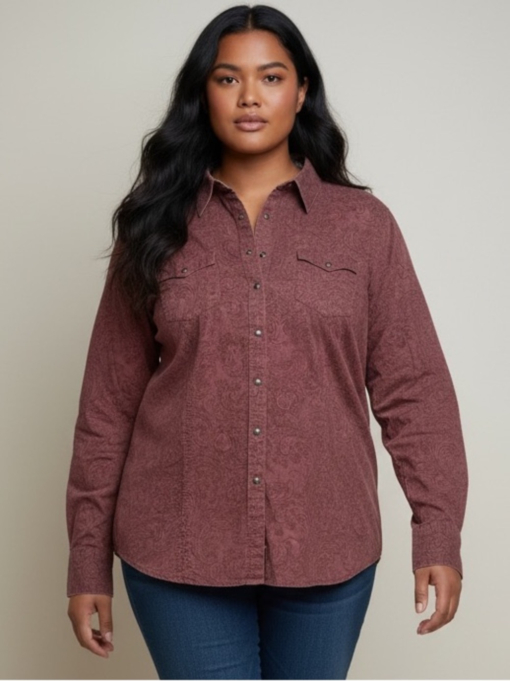 Wrangler Western Shirt XL Mauve Burgundy Paisley Pearl Snap Long Sleeve Top